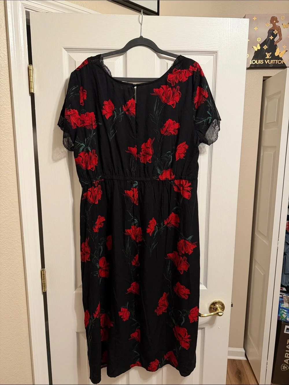 Idyllwind Black Dress with Red Floral Print and Lace Trim